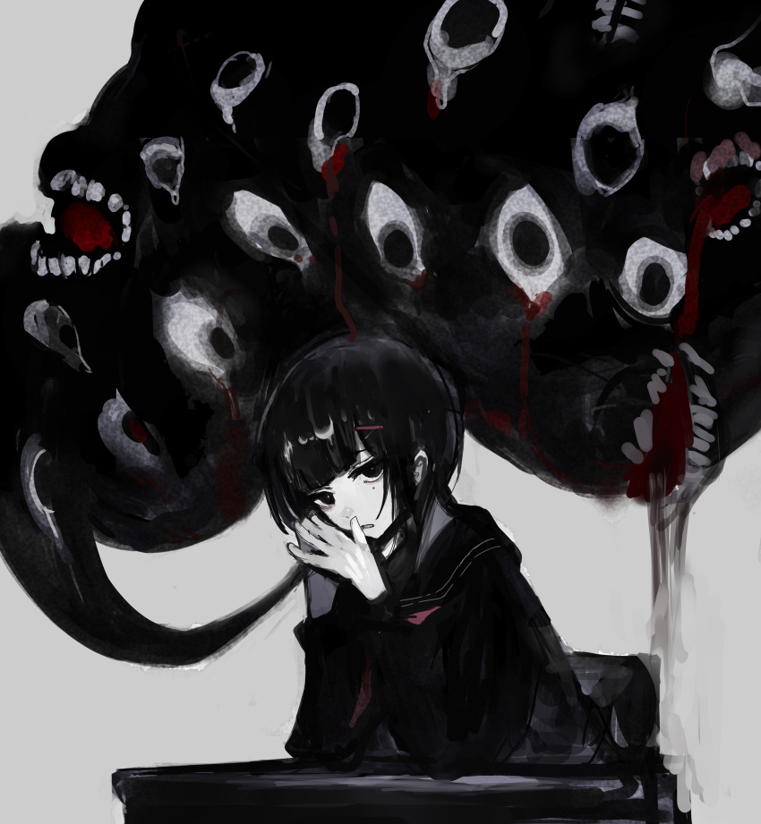 1girl, absurdres, black_eyes, black_sailor_collar, black_serafuku, black_shirt, blood, blunt_bangs, chuhaibane, commentary_request, desk, dot_nose, extra_eyes, hair_ornament, hairclip, highres, long_sleeves, looking_at_viewer, mole, mole_under_eye, monster, open_mouth, original, own_hands_together, pale_skin, sailor_collar, school_desk, school_uniform, serafuku, shirt, short_hair, simple_background, solo, steepled_fingers, table, too_many_eyes, upper_body, white_background