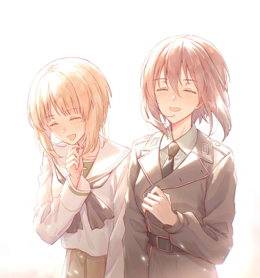 2girls, belt, black_belt, black_neckerchief, black_necktie, blouse, brown_hair, closed_eyes
