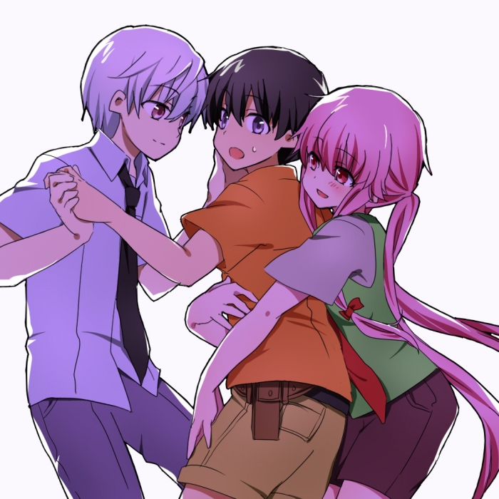 amano_yukiteru, black_hair, blush, gasai_yuno, hand_holding, holding_hands, hug, hug_from_behind