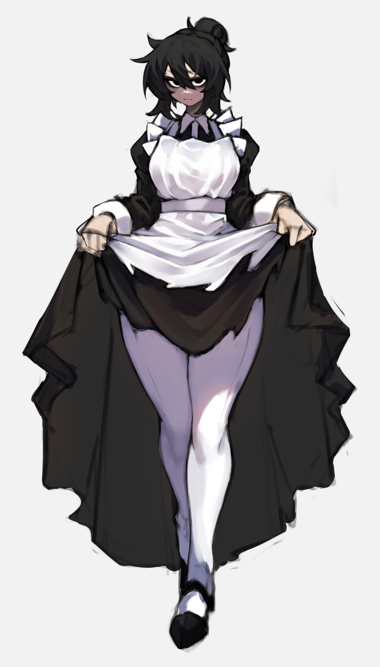 1girl, apron, bags_under_eyes, black_dress, black_eyes, black_footwear, black_hair, closed_mouth