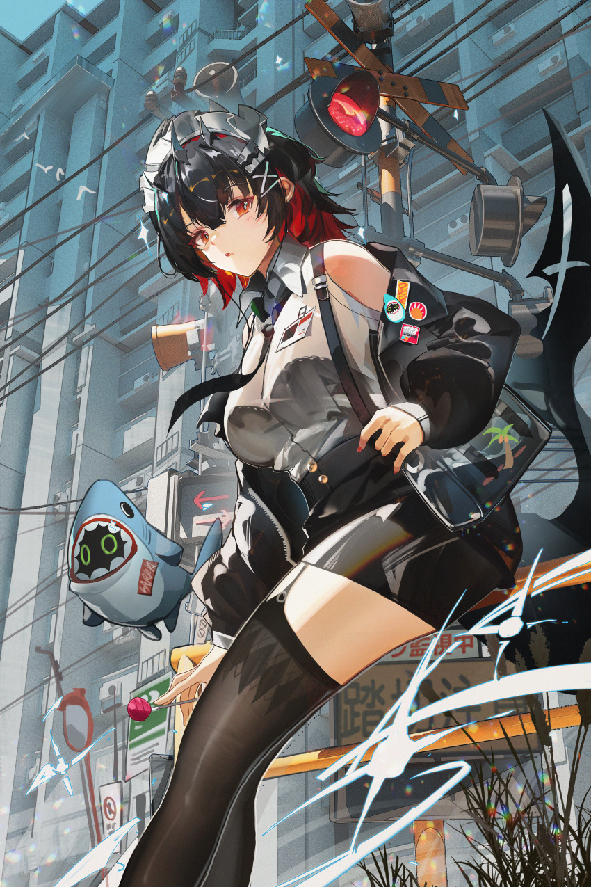 1girl, absurdres, badge, bag, bangboo_(zenless_zone_zero), bare_shoulders, black_hair, black_jacket