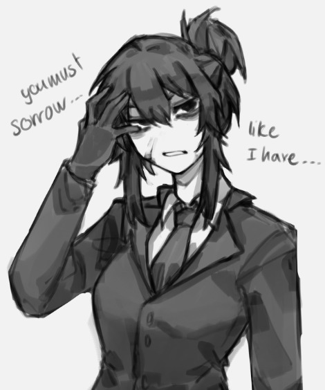 1girl, collared_shirt, cosplay, gloves, greyscale, hair_bun, hand_up, jacket, lapels, library_of_ruina, looking_at_viewer, monochrome, necktie, notched_lapels, original, project_moon, roland_(project_moon), roland_(project_moon)_(cosplay), shig_(shigezie), shigezie, shirt, sidelocks, solo, suit