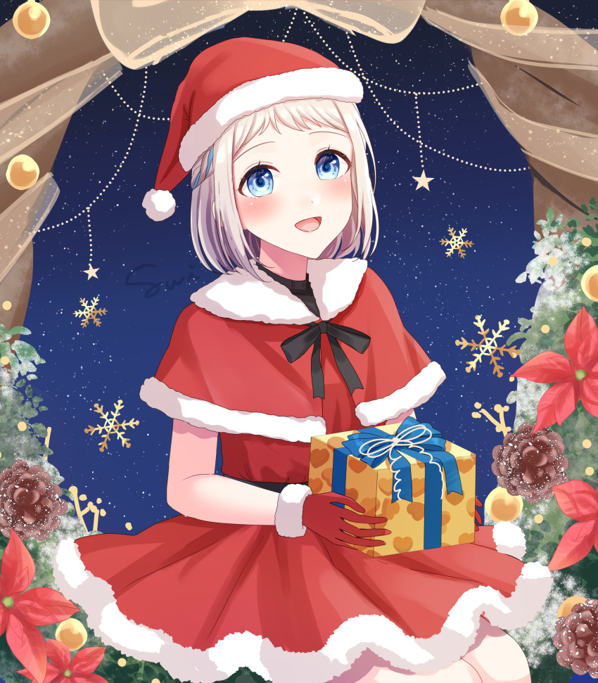 1girl, absurdres, blue_eyes, blue_hair, blush, box, braid, capelet
