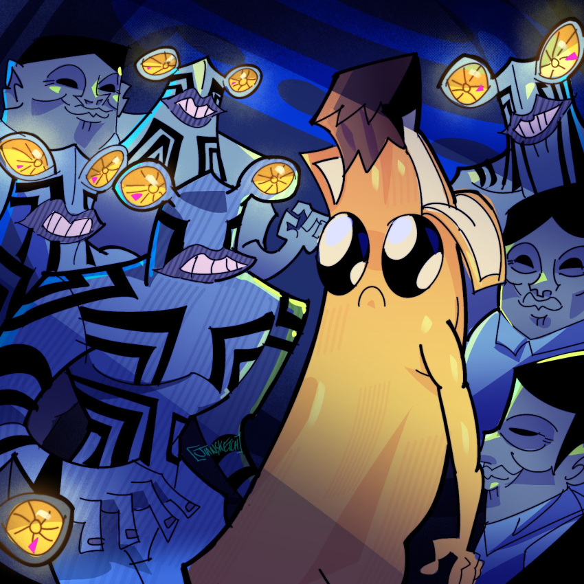 6+boys, alien, banana, banana_peel, black_hair, closed_mouth, commentary, dandadan