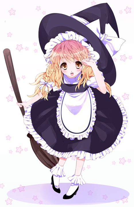 braid, broom, gradient_hair, hat, kirisame_marisa, mitsuki_okazaki, multicolored_hair, okazaki_mitsuki, solo, touhou, witch, witch_hat, yellow_eyes
