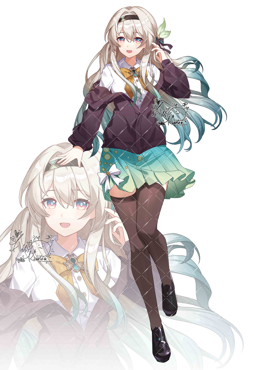 1girl, :d, abby_riddle, absurdres, alternate_costume, black_footwear, black_hairband, black_thighhighs, breasts, brown_jacket, collared_shirt, firefly_(honkai:_star_rail), full_body, gradient_hair, green_skirt, grey_hair, hair_between_eyes, hairband, highres, honkai:_star_rail, honkai_(series), jacket, long_hair, medium_breasts, multicolored_hair, neckerchief, open_clothes, open_jacket, orange_neckerchief, pleated_skirt, shirt, skirt, smile, solo, thigh-highs, two-tone_eyes, white_shirt