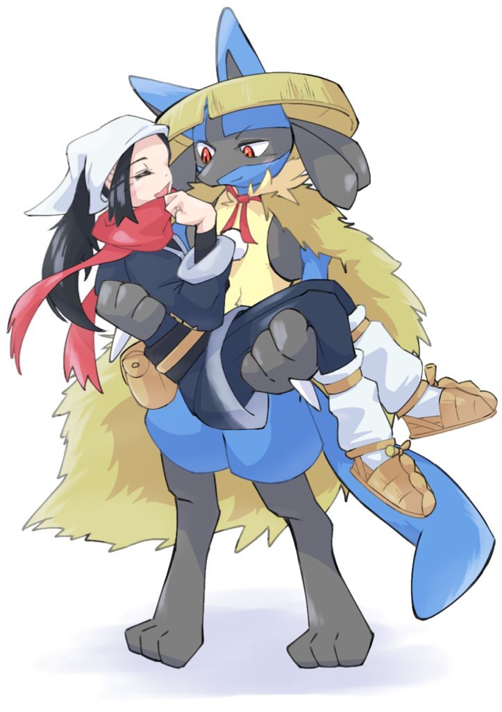 1girl, 1other, akari_(pokemon), bag, black_hair, black_shirt, carrying, closed_mouth