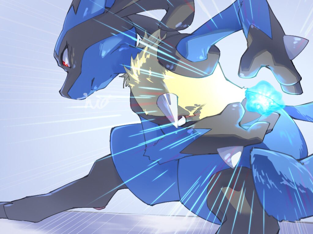 1other, aura_sphere_(pokemon), black_hair, closed_mouth, commentary, furry, lucario, other_focus