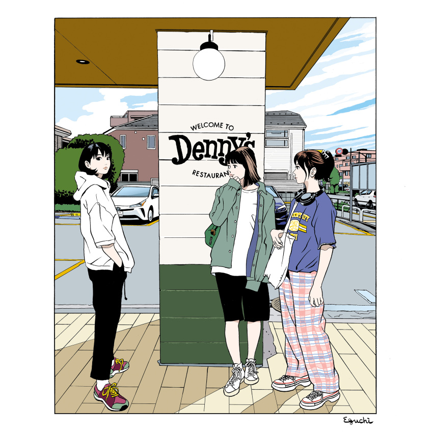 3girls, absurdres, bag, balcony, black_eyes, black_hair, black_pants, black_shorts
