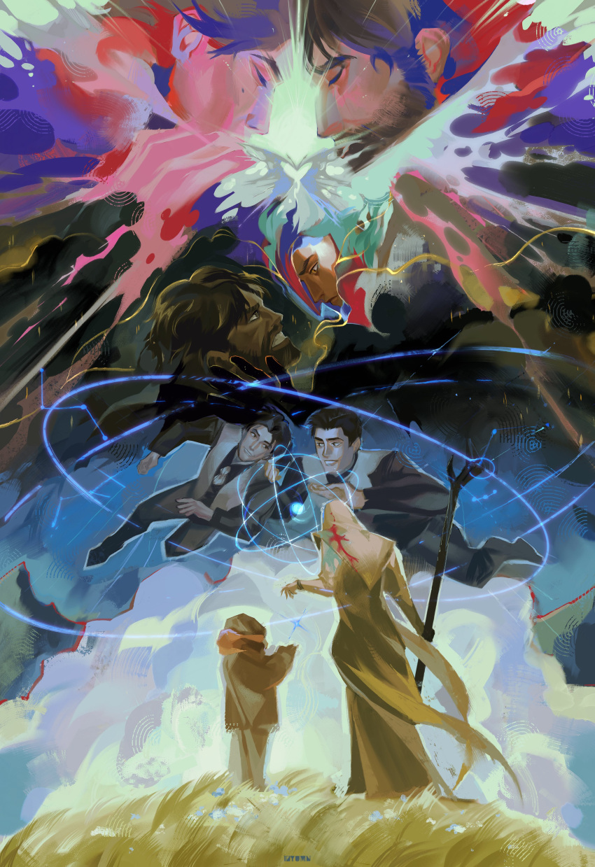2boys, absurdres, arcane:_league_of_legends, arcane_jayce, arcane_viktor, beard, black_pants, brown_shirt, child, clenched_teeth, closed_eyes, facial_hair, hextech_crystal, highres, holding, holding_staff, izyumn, jayce_(league_of_legends), league_of_legends, looking_at_another, male_focus, multiple_boys, pants, robe, shirt, smile, staff, teeth, vest, viktor_(league_of_legends), white_hair, white_robe, white_vest