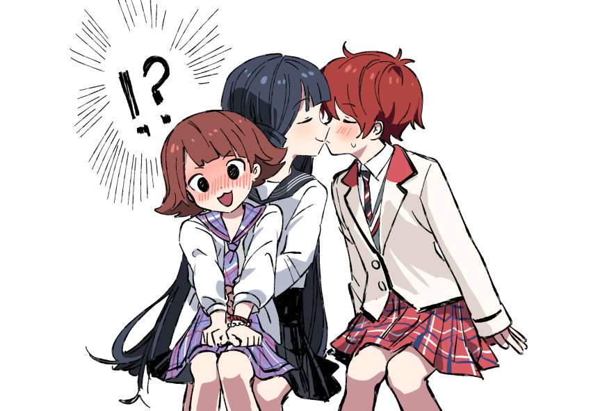 !?, 3girls, :3, antenna_hair, black_hair, black_sailor_collar, blazer, blunt_bangs, blush, closed_eyes, collar, collared_jacket, dot_nose, flat_chest, flipped_hair, high_schoolmate_(idolmaster), hug, hug_from_behind, idolmaster, idolmaster_million_live!, idolmaster_million_live!_theater_days, itohari_(mamiiori1), jacket, julia_(idolmaster), kiss, kitakami_reika, long_hair, long_sleeves, multiple_girls, necktie, nonohara_akane, nose_blush, official_alternate_costume, plaid_clothes, plaid_sailor_collar, plaid_skirt, purple_sailor_collar, purple_skirt, red_skirt, redhead, sailor_collar, school_uniform, serafuku, shirt, short_hair, simple_background, sitting, sitting_on_person, skirt, sweatdrop, v-shaped_eyebrows, very_long_hair, white_background, white_collar, white_serafuku, white_shirt, yuri