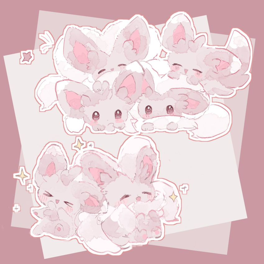 >_<, blush, brown_eyes, cinccino, closed_eyes, closed_mouth, evolutionary_line, highres, kako_xox, minccino, no_humans, open_mouth, pokemon, pokemon_(creature), smile, star_(symbol)