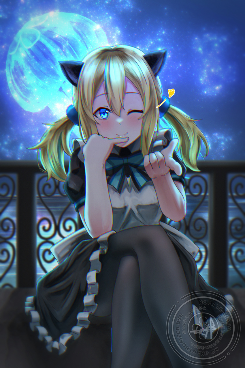 1girl, absurdres, animal_ears, black_dress, black_pantyhose, blonde_hair, blue_bow, blue_bowtie
