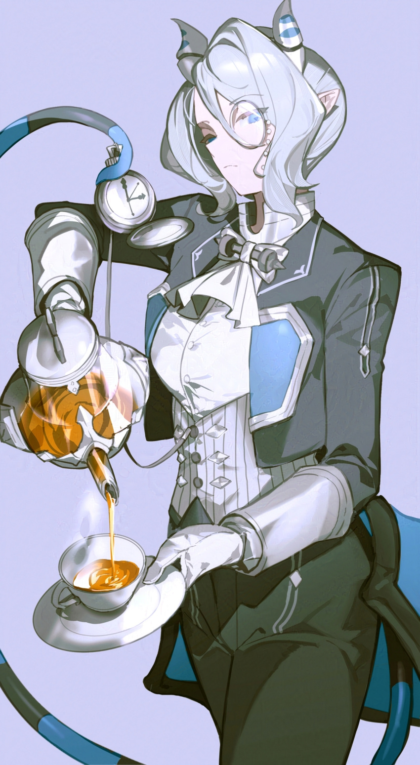 1girl, arias_the_labrynth_butler, black_jacket, black_pants, blue_eyes, blue_wings, butler, cowboy_shot