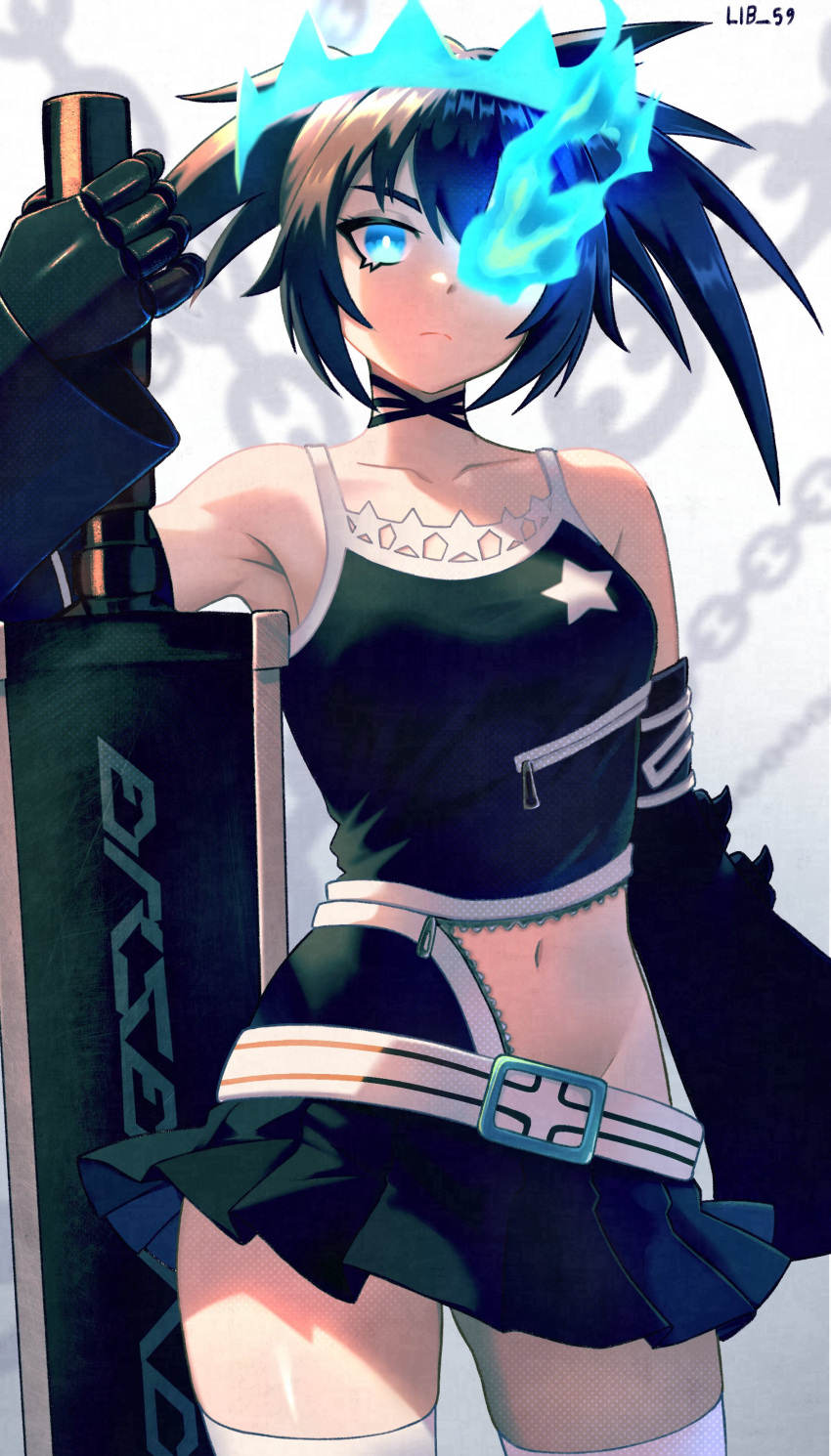 1girl, absurdres, armored_gloves, black_hair, black_rock_shooter, black_rock_shooter_beast, blue_crown, blue_eyes, blue_fire, commission, crown, fire, flaming_eye, floating_crown, glowing, glowing_eye, highres, lib_100, skeletal_hand, skirt, solo, stitched_chest, stitched_torso, stitches, sword, thigh-highs, twintails, uneven_twintails, weapon