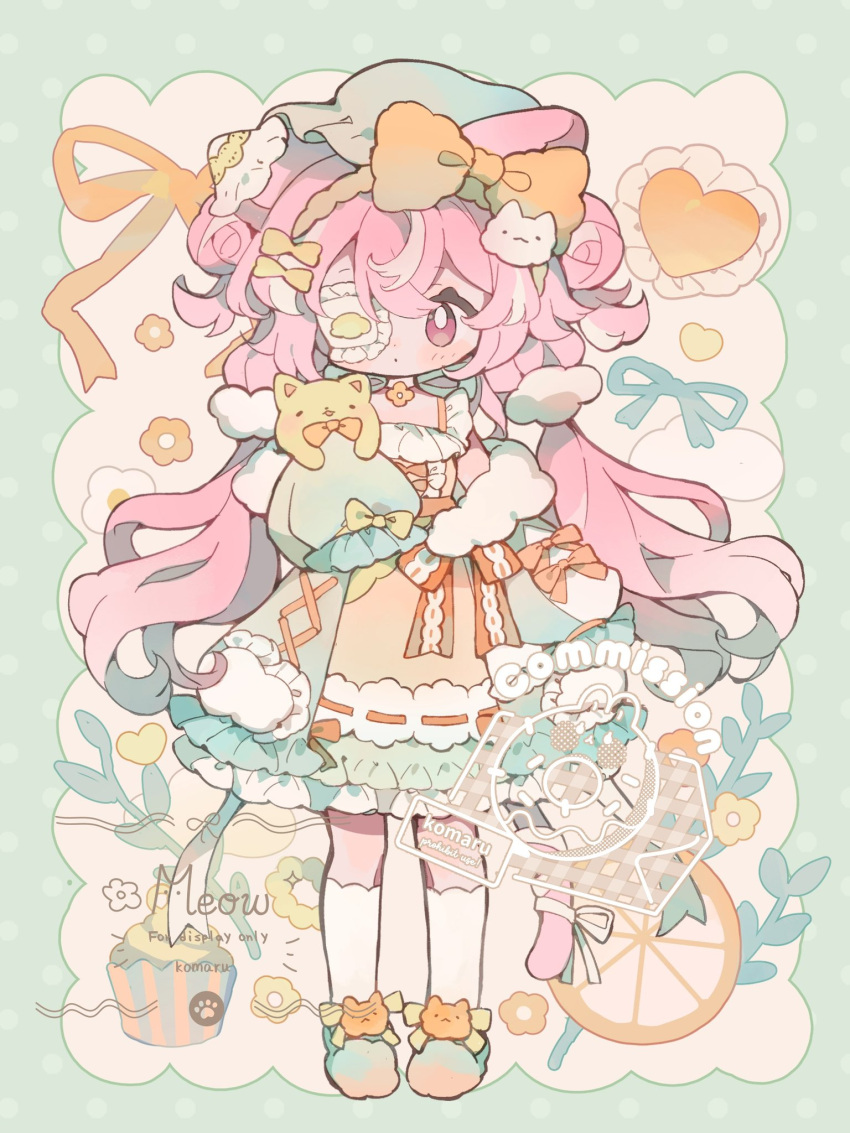 1girl, animal, animal-themed_footwear, animal_ears, animal_hair_ornament, ankle_socks, arm_at_side, artist_name, border, borrowed_character, bow, bow_hairband, bright_pupils, cat, cat_ears, choker, closed_mouth, commission, cupcake, deformed, dot_mouth, double-parted_bangs, double_bun, dress, expressionless, eyepatch, flower_choker, food, fruit, full_body, green_border, green_footwear, green_hat, hair_bun, hair_ornament, hair_scrunchie, hairband, hand_up, hat, heart, highres, holding, holding_animal, lolita_fashion, long_hair, milkyway080, mob_cap, multicolored_hair, orange_(fruit), orange_bow, orange_choker, orange_slice, orange_trim, original, pendant_choker, pink_hair, ribbon-trimmed_dress, scrunchie, single_off_shoulder, sleeve_bow, sleeves_past_wrists, slippers, socks, solo, standing, straight-on, streaked_hair, twintails, waist_bow, watermark, white_background, white_pupils, white_socks, yellow_hairband