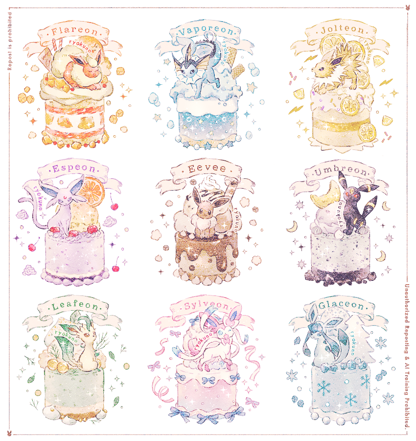 bow, bubble, cake, cherry, chocolate, crescent, eevee, espeon, flareon, food, fruit, glaceon, ice_cream, jolteon, leaf, leafeon, lemon, lemon_slice, looking_at_viewer, no_humans, open_mouth, orange_(fruit), orange_slice, pokemon, pokemon_(creature), ribbon, ryokuno_green, simple_background, sitting, snowflakes, standing, star_(symbol), sugar_cube, sylveon, umbreon, vaporeon, wafer, whipped_cream, white_background