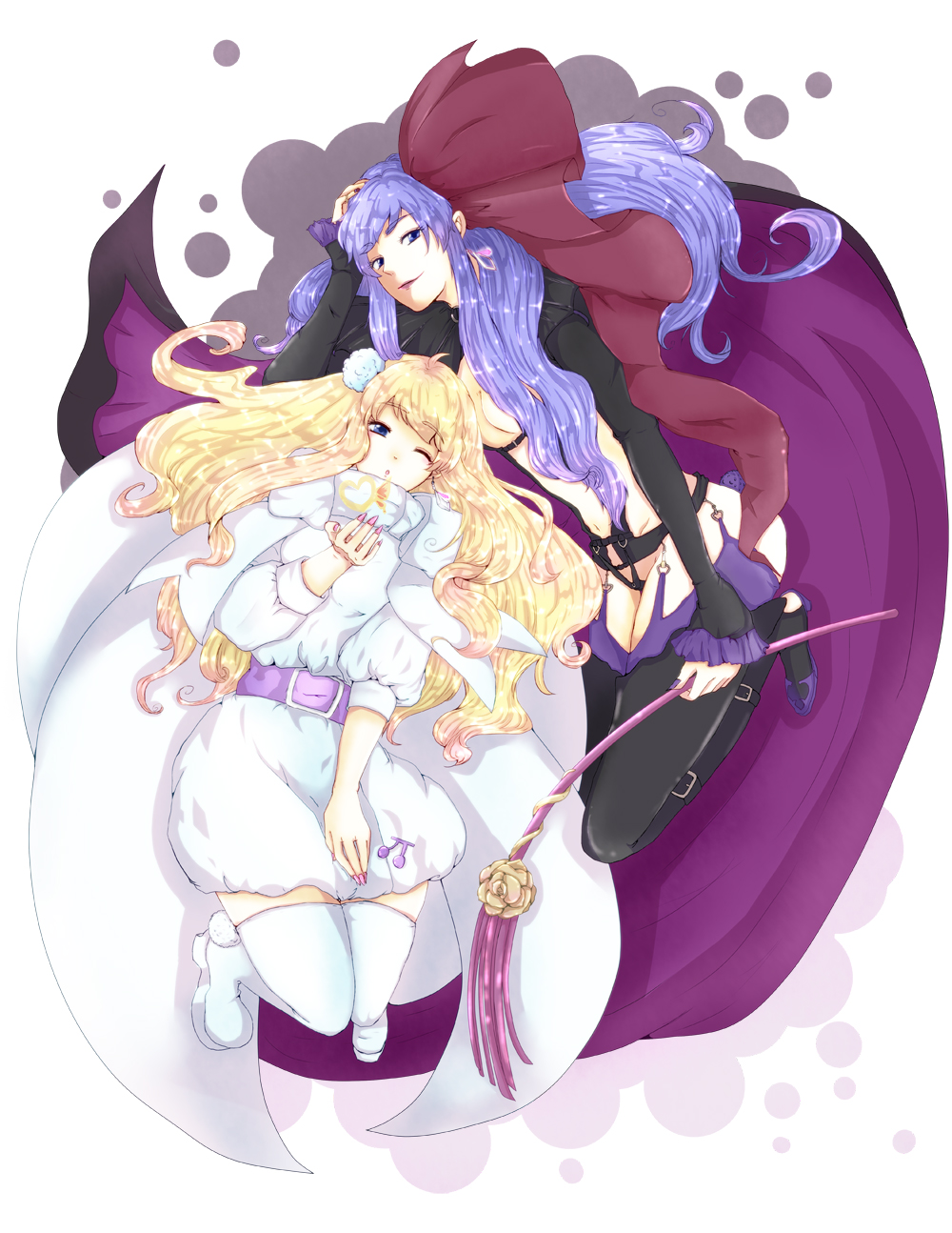 blonde_hair, blue_eyes, boots, cape, dress, dual_persona, heart, highres