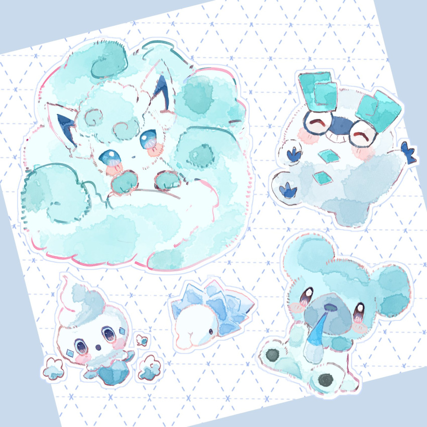 alolan_vulpix, black_eyes, blue_eyes, blue_hair, blue_sclera, blush, blush_stickers, bright_pupils