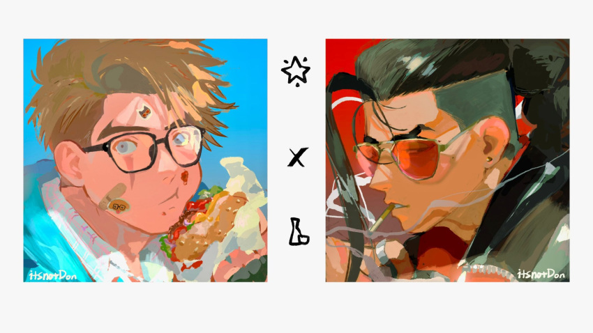 2boys, alsonotdon, bandaid, bandaid_on_cheek, bandaid_on_face, black-framed_eyewear, black_hair, blonde_hair, blue_eyes, blue_hoodie, border, braid, burger, chewing, cigarette, collared_jacket, commentary, dark-skinned_male, dark_skin, ear_piercing, earrings, eyes_visible_through_eyewear, food, food_on_face, food_wrapper, forked_eyebrows, highres, holding, holding_burger, holding_food, hood, hood_down, hoodie, jacket, jamie_siu, jewelry, ketchup, looking_to_the_side, luke_sullivan, male_focus, multicolored_clothes, multicolored_jacket, multiple_boys, piercing, popped_collar, red-tinted_eyewear, ring, scar, scar_across_eye, scar_on_face, shirt, short_hair, sideways_glance, single_bang, single_braid, smoke, smoke_trail, smoking, star_(symbol), street_fighter, street_fighter_6, stud_earrings, symbol-only_commentary, tinted_eyewear, twitter_username, two-tone_jacket, unzipped, upper_body, v-shaped_eyebrows, white_border, white_shirt, yellow-framed_eyewear, zipper