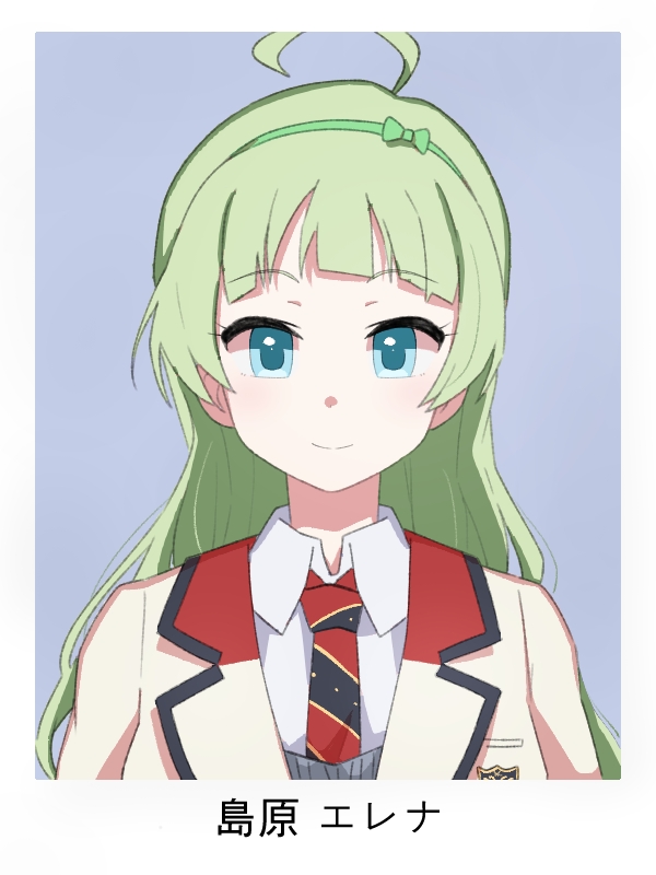 1girl, ahoge, aqua_eyes, blazer, blunt_bangs, border, character_name, closed_mouth, collar, collared_shirt, dot_nose, eyelashes, green_hair, green_hairband, hairband, high_schoolmate_(idolmaster), id_photo, idolmaster, idolmaster_million_live!, idolmaster_million_live!_theater_days, jacket, light_blush, light_smile, long_hair, looking_at_viewer, necktie, official_alternate_costume, ohgi910, outside_border, portrait, red_necktie, school_uniform, shimabara_elena, shirt, sidelocks, simple_background, solo, straight-on, uniform_series_(idolmaster), upper_body, very_long_hair, wavy_hair, white_border, white_collar