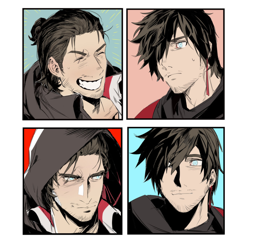 1boy, ^_^, adventurer_(ff14), beard_stubble, black_border, blue_background, blue_eyes, border