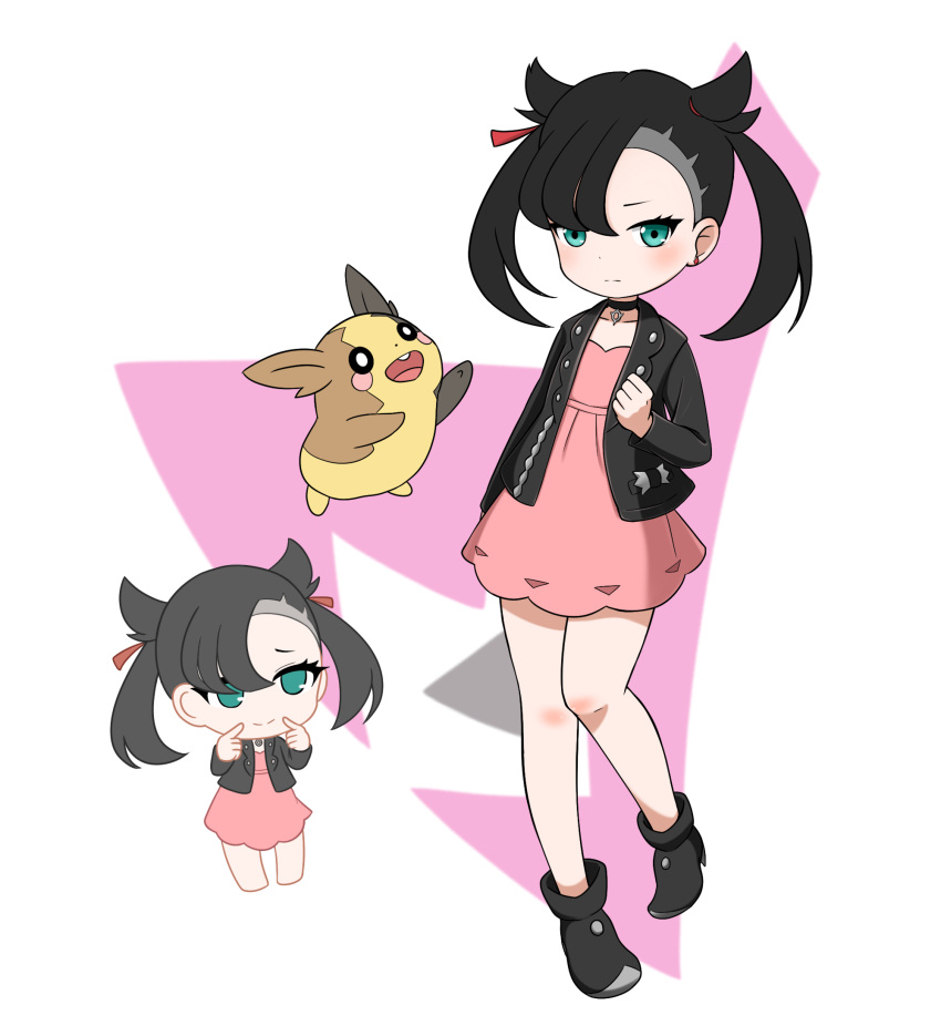 1girl, asymmetrical_bangs, black_collar, black_footwear, black_hair, black_jacket, blush, boots, chibi, clenched_hand, closed_mouth, collar, collarbone, commentary, dress, eyelashes, green_eyes, highres, jacket, knees, long_sleeves, marnie_(pokemon), medium_hair, morpeko, morpeko_(full), multiple_views, nana_(eyzy2454), open_clothes, open_jacket, pink_dress, pokemon, pokemon_(creature), pokemon_swsh, standing, symbol-only_commentary