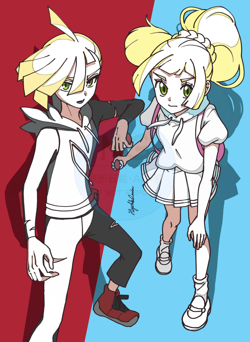 1boy, 1girl, absurdres, ahoge, backpack, bag, blonde_hair, brother_and_sister