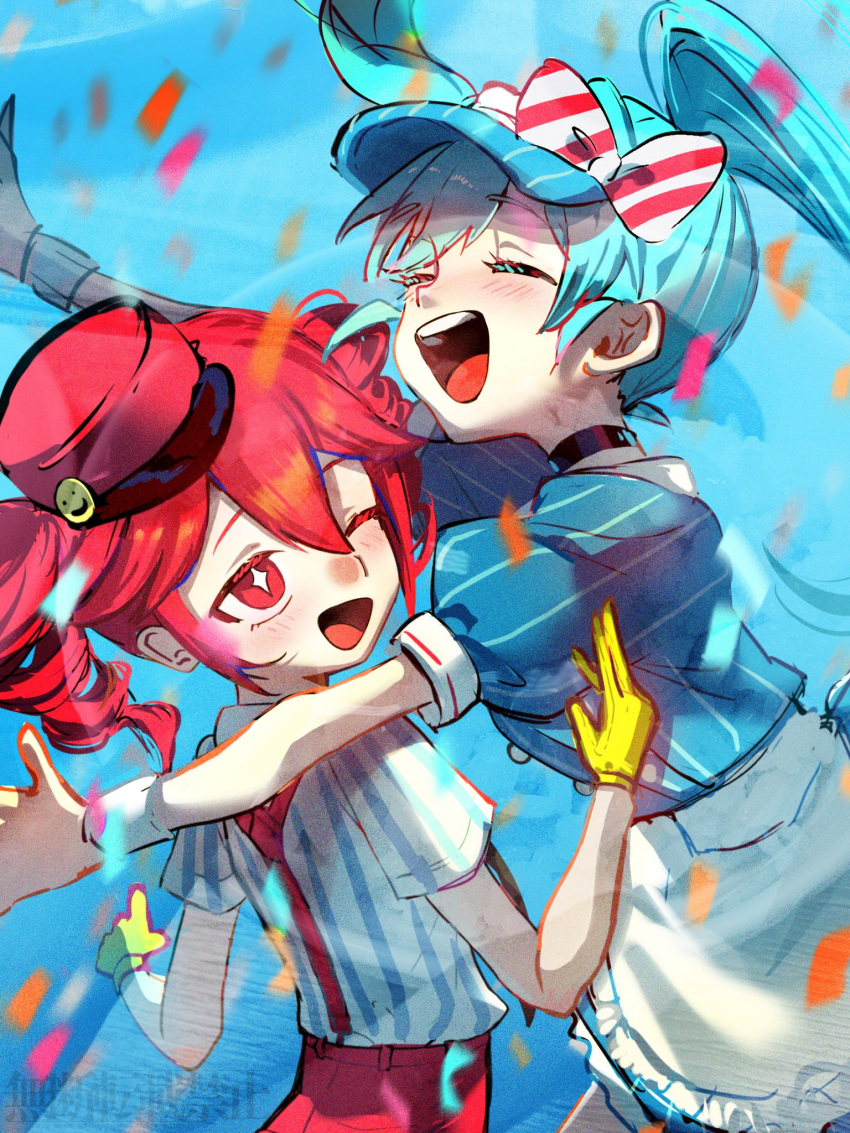 2girls, 3_ohuwahuwa, apron, black_choker, blue_dress, blue_hair, blue_sky, blush