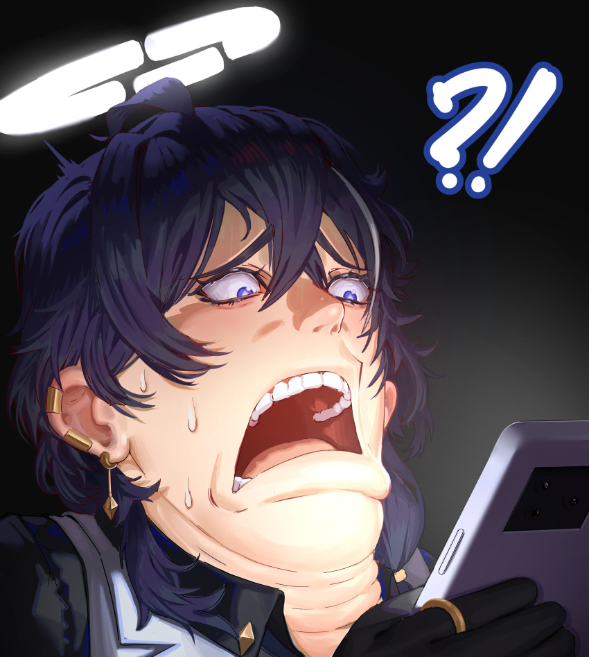 !?, 1boy, absurdres, azeru_(vtuber), black_gloves, cellphone, earrings, gloves