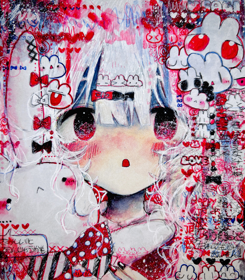 1girl, :o, absurdres, blush, bow, hair_bow, hair_ornament, heart, highres, holding, holding_stuffed_toy, kaikanaaaaa, original, pale_skin, rabbit, rabbit_hair_ornament, red_eyes, speech_bubble, stuffed_animal, stuffed_rabbit, stuffed_toy, white_hair