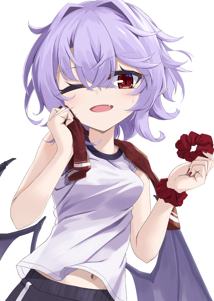 1girl, akisome_hatsuka, alternate_costume, alternate_hairstyle, bat_wings, breasts, fang, gym_shirt