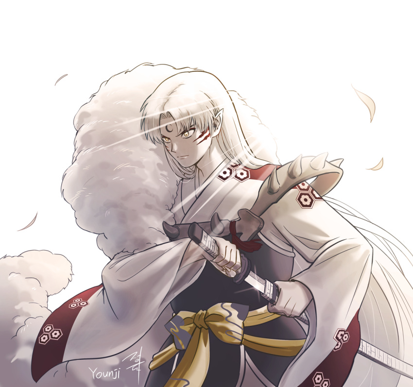 1boy, artist_name, commentary, creamdonut, crescent, crescent_facial_mark, demon_boy, facial_mark, forehead_mark, fur_shawl, holding, holding_sword, holding_weapon, inuyasha, japanese_clothes, katana, long_hair, looking_ahead, parted_hair, pointy_ears, sesshoumaru, shawl, sheath, shoulder_spikes, signature, slit_pupils, spikes, sword, unsheathing, very_long_hair, weapon, whisker_markings, white_background, white_hair, wide_sleeves, yellow_eyes