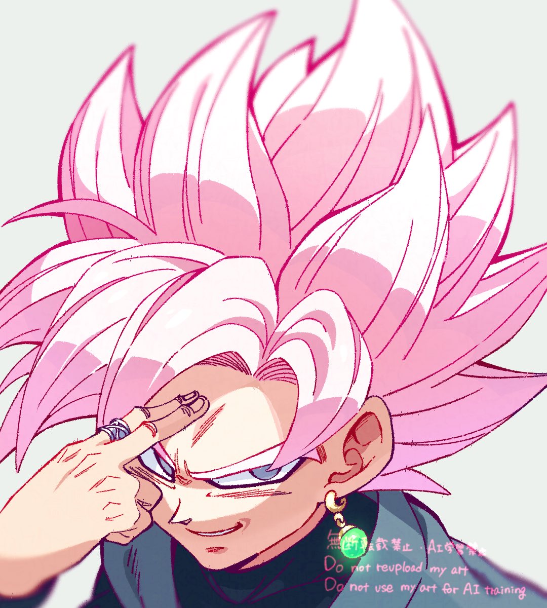 1boy, black_shirt, close-up, dragon_ball, dragon_ball_super, earrings, finger_on_forehead, goku_black, grey_eyes, grey_tunic, highres, instant_transmission, jewelry, komesan_0212, male_focus, pink_hair, potara_earrings, shirt, single_earring, smirk, solo, spiky_hair, tunic