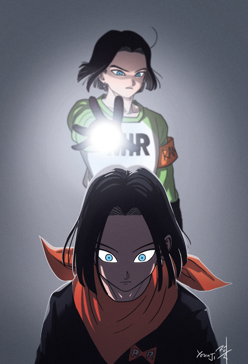 2boys, absurdres, android, android_17, black_gloves, black_hair, black_shirt, blue_eyes