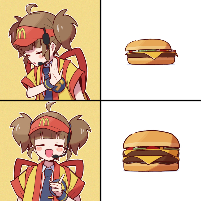 1girl, :d, ahoge, blunt_bangs, blush_stickers, brown_hair, burger, cheese