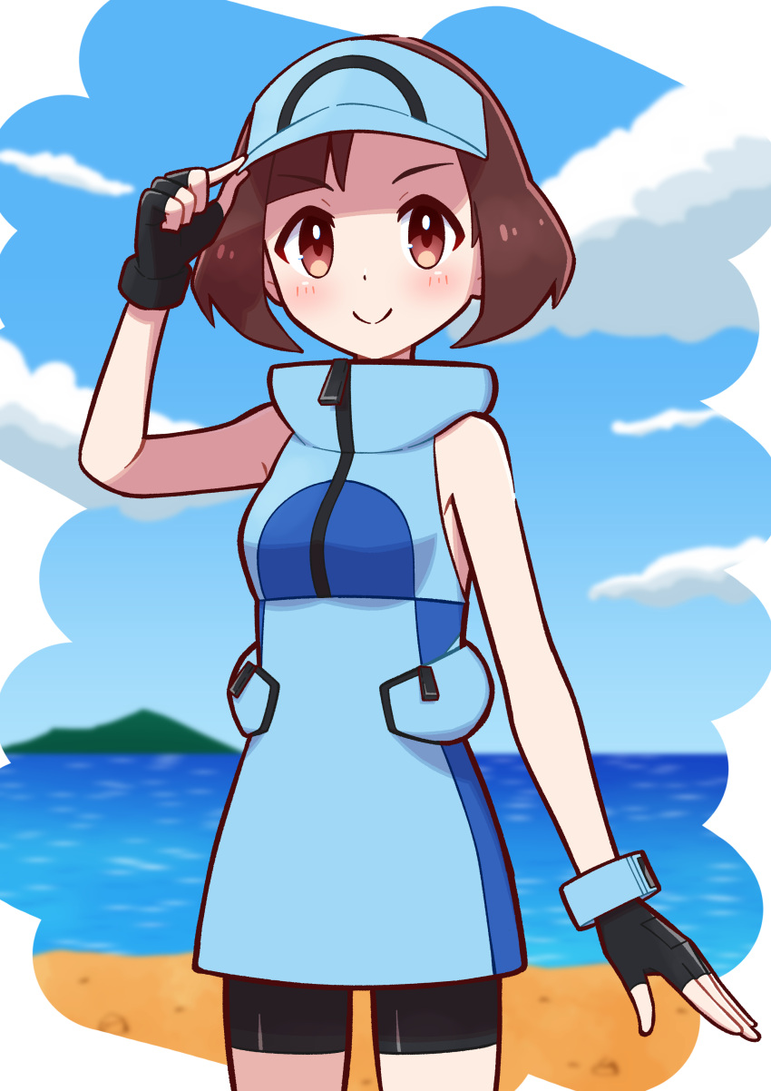 1girl, absurdres, ace_trainer_(pokemon), bike_shorts, black_gloves, blue_dress, blue_hat, blush
