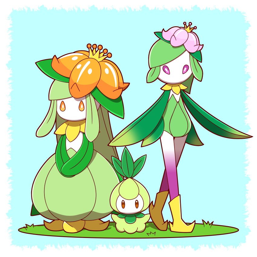 absurdres, bright_pupils, brown_eyes, commentary_request, evolutionary_line, flower, grass, highres, hisuian_lilligant, lilligant, looking_at_viewer, no_mouth, orange_eyes, orange_flower, own_hands_together, petilil, pokemon, pokemon_(creature), standing, violet_eyes, white_pupils, zitome_i