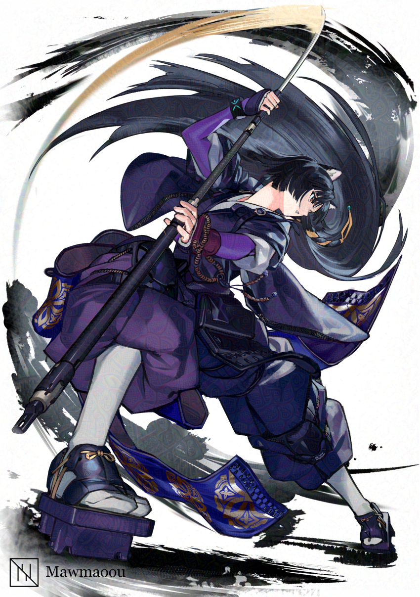 1girl, absurdres, adversarial_noise, arknights, artist_logo, artist_name, beads, black_hair, brown_eyes, foreshortening, from_below, full_body, geta, highres, infection_monitor_(arknights), logo, long_hair, mawmaoou, profile, saga_(arknights), solo, standing, tabi, watermark