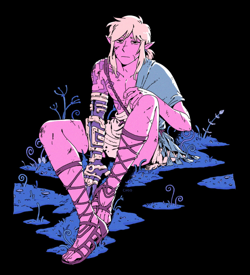 1boy, :|, ancient_set_(zelda), arm_on_knee, bare_shoulders, blonde_hair, body_markings, choo
