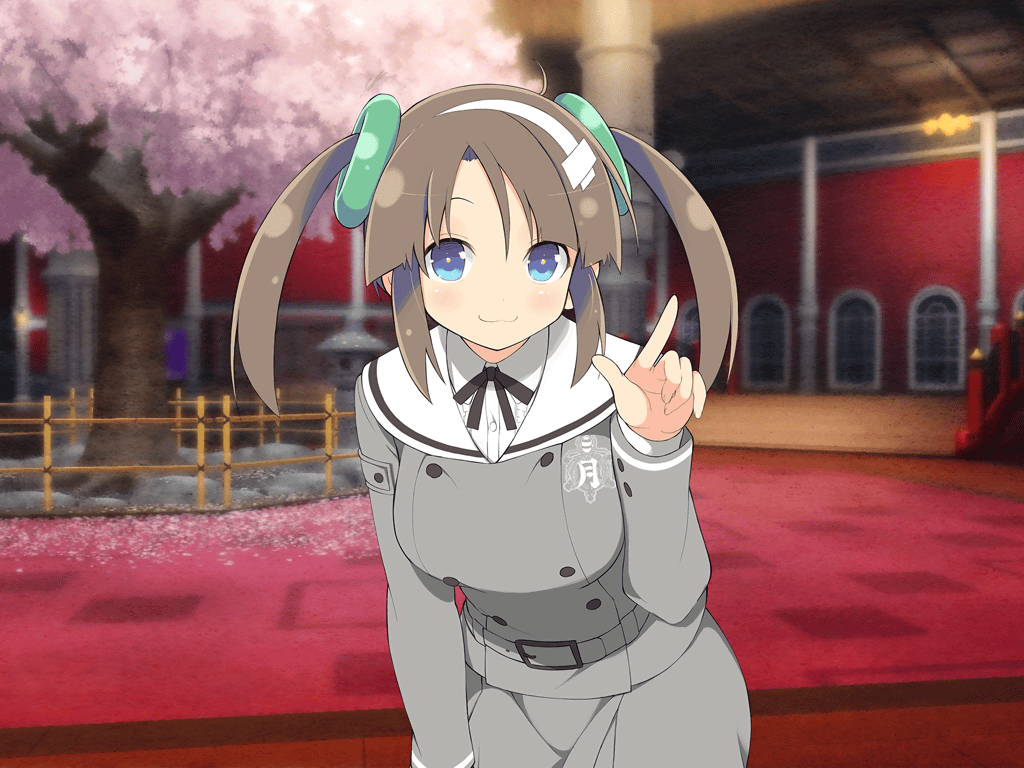 1girl, :3, architecture, black_ribbon, blue_eyes, blush, breasts, bridge, brown_hair, buttons, cherry_blossoms, cherry_tree, closed_mouth, cowboy_shot, double-breasted, east_asian_architecture, fence, gessen_academy_uniform, grey_shirt, grey_skirt, hair_ornament, hairband, hand_on_own_knee, indoors, large_breasts, leaning_forward, long_sleeves, looking_at_viewer, minori_(senran_kagura), official_art, red_carpet, ribbon, ring_hair_ornament, rock, school, school_emblem, school_uniform, senran_kagura, senran_kagura_new_link, senran_kagura_shinovi_versus, shirt, sidelocks, skirt, smile, solo, stone_lantern, twintails, upper_body, white_hairband, window, yaegashi_nan