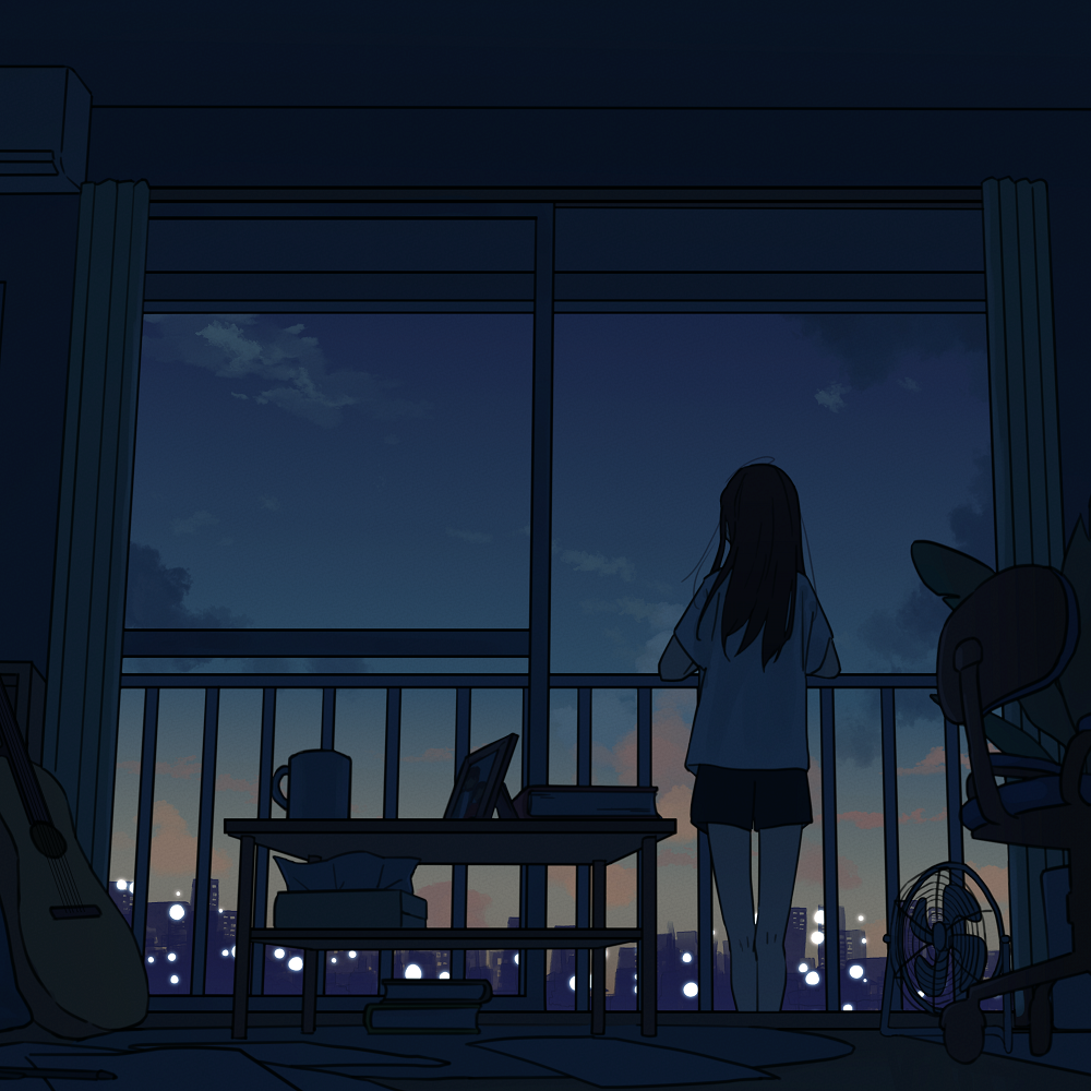 1girl, against_railing, air_conditioner, album_cover, apartment, balcony, black_shorts, book, book_stack, chair, city_lights, cityscape, clouds, cloudy_sky, commentary, commentary_request, copyright_request, cover, cup, curtains, evening, facing_away, from_behind, indoors, long_hair, matsumine_(twin-mix), mug, office_chair, original, papers, pen, picture_frame, plant, potted_plant, railing, shelf, shirt, short_sleeves, shorts, sky, sliding_doors, solo, swivel_chair, table, tissue_box, twilight, white_shirt