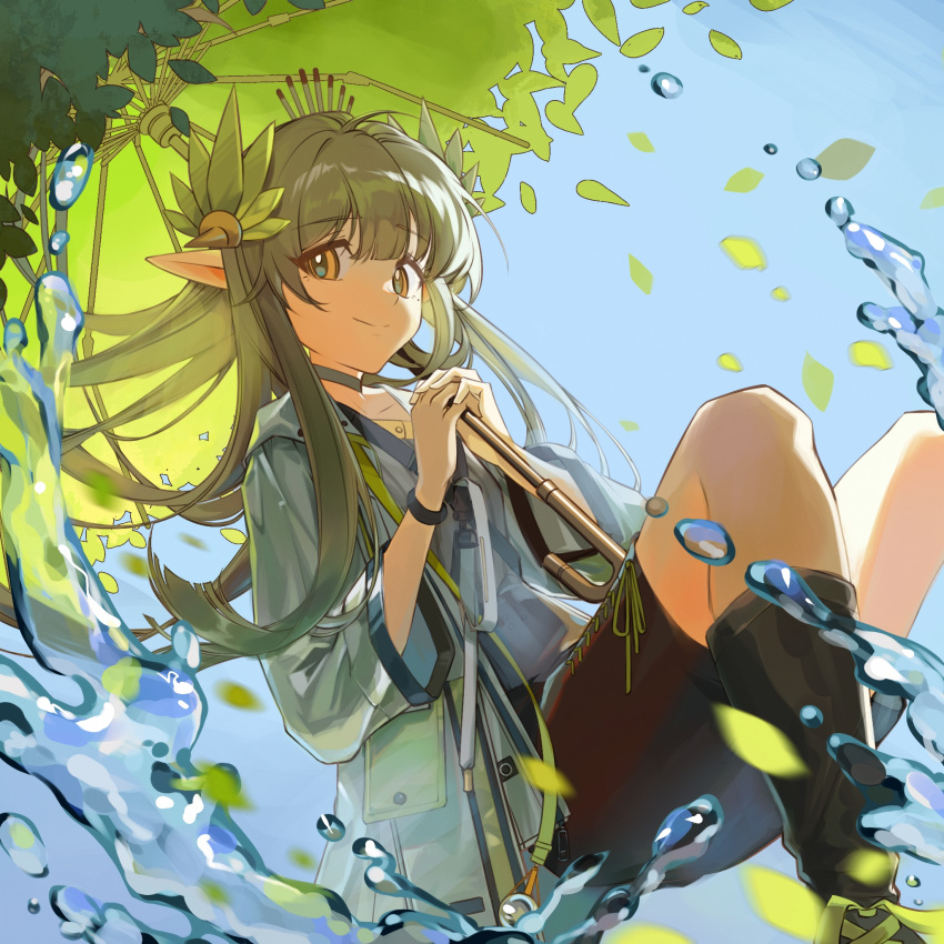1girl, arknights, brown_eyes, brown_hair, choker, highres, holding, holding_umbrella, juhuacha, long_hair, mole, mole_under_eye, muelsyse_(arknights), pointy_ears, skirt, smile, umbrella, umbrella_over_shoulder, water