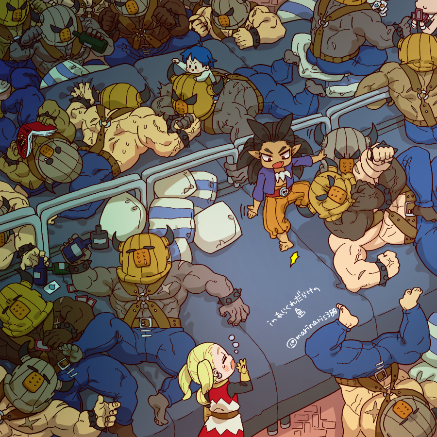 1girl, 6+boys, abs, afterimage, arm_wrestling, barefoot, belt, blonde_hair