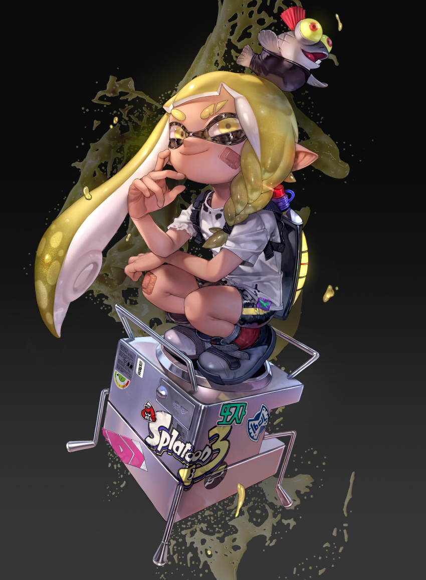 1girl, agent_3_(splatoon_3), bandaid, blonde_hair, inkling, inkling_girl, little_buddy_(splatoon), pointy_ears, salmonid, splatoon, splatoon_(series), splatoon_3, ttoja7643, yellow_eyes