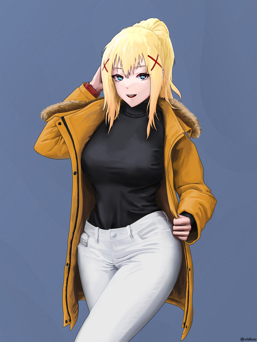 1girl, absurdres, black_sweater, blonde_hair, blue_eyes, breasts, darkness_(konosuba), fur-trimmed_jacket, fur_trim, hair_behind_ear, hair_between_eyes, hand_on_own_head, highres, jacket, kono_subarashii_sekai_ni_shukufuku_wo!, looking_at_viewer, medium_breasts, open_clothes, open_jacket, orange_jacket, pants, ponytail, smile, solo, sweater, sweater_tucked_in, turtleneck, turtleneck_sweater, vlad_kuzmin, walking, white_pants