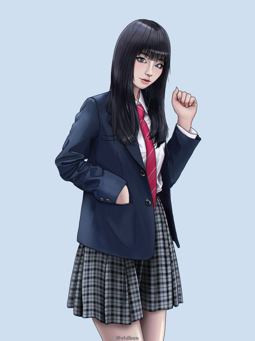 1girl, absurdres, black_hair, black_skirt, blazer, blue_background, blue_eyes, blue_jacket, blush, clenched_hand, collared_shirt, hand_in_pocket, highres, jacket, long_hair, looking_at_viewer, necktie, original, parted_lips, pink_nails, plaid_clothes, plaid_skirt, realistic, red_necktie, school_uniform, shirt, simple_background, skirt, solo, twitter_username, vlad_kuzmin, white_shirt