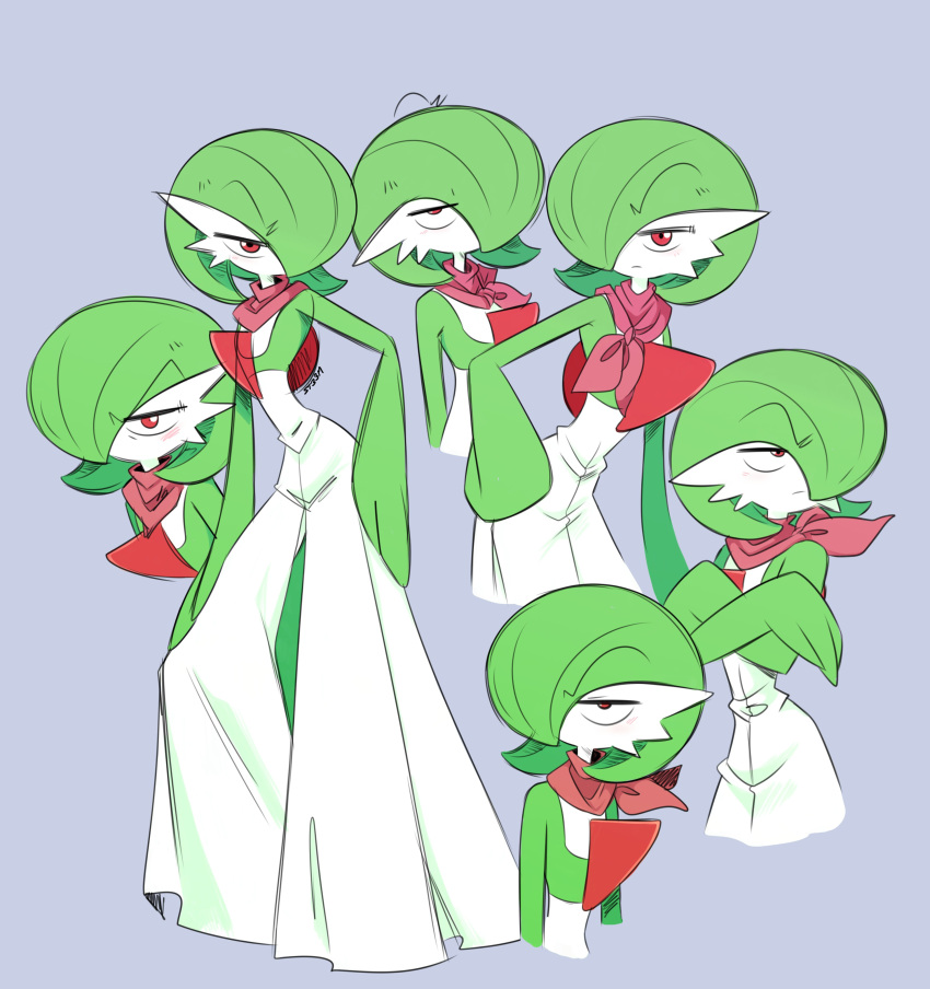 absurdres, bob_cut, colored_skin, crossed_arms, dress, gardevoir, green_hair, green_skin, hair_over_one_eye, highres, multicolored_skin, multiple_views, pink_eyes, pink_scarf, pokemon, pokemon_(creature), scarf, simple_background, superiordutchsauce, two-tone_skin, white_dress, white_skin