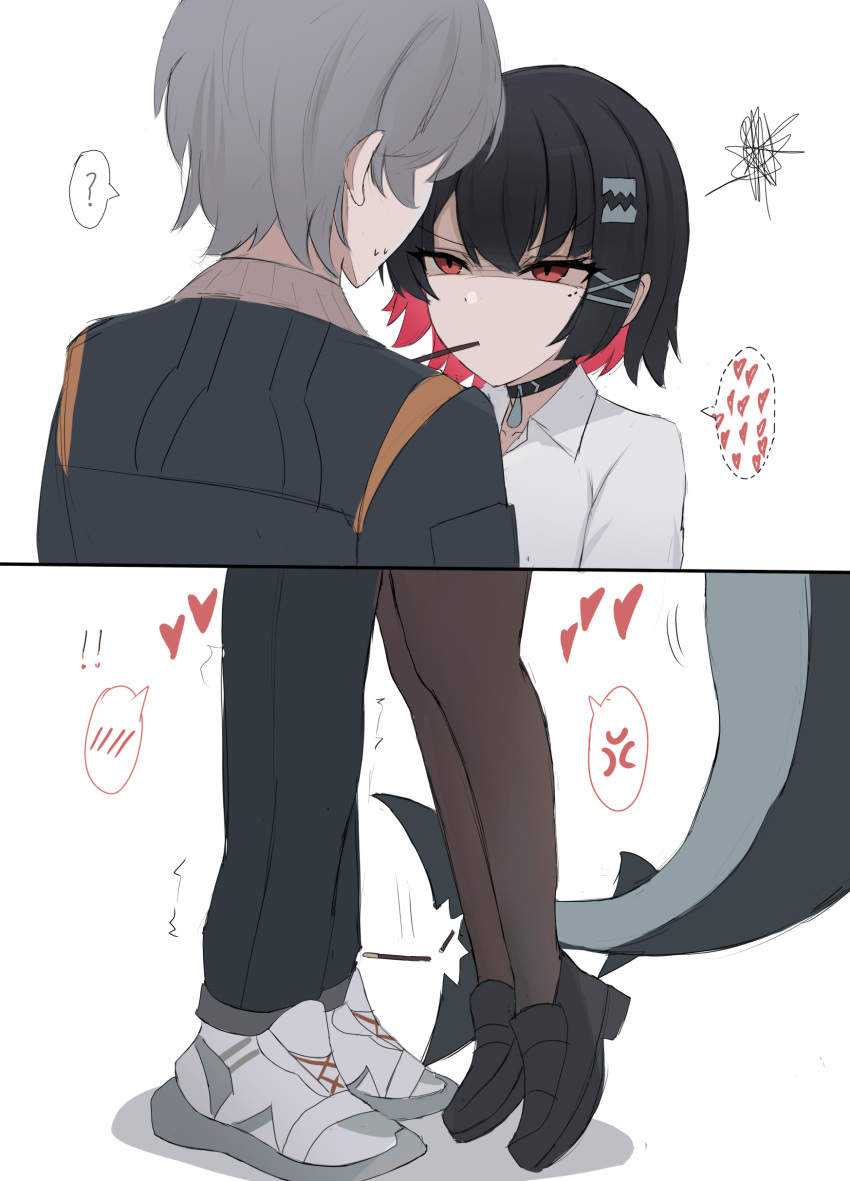 1boy, 1girl, absurdres, anger_vein, black_choker, black_hair, choker, colored_inner_hair