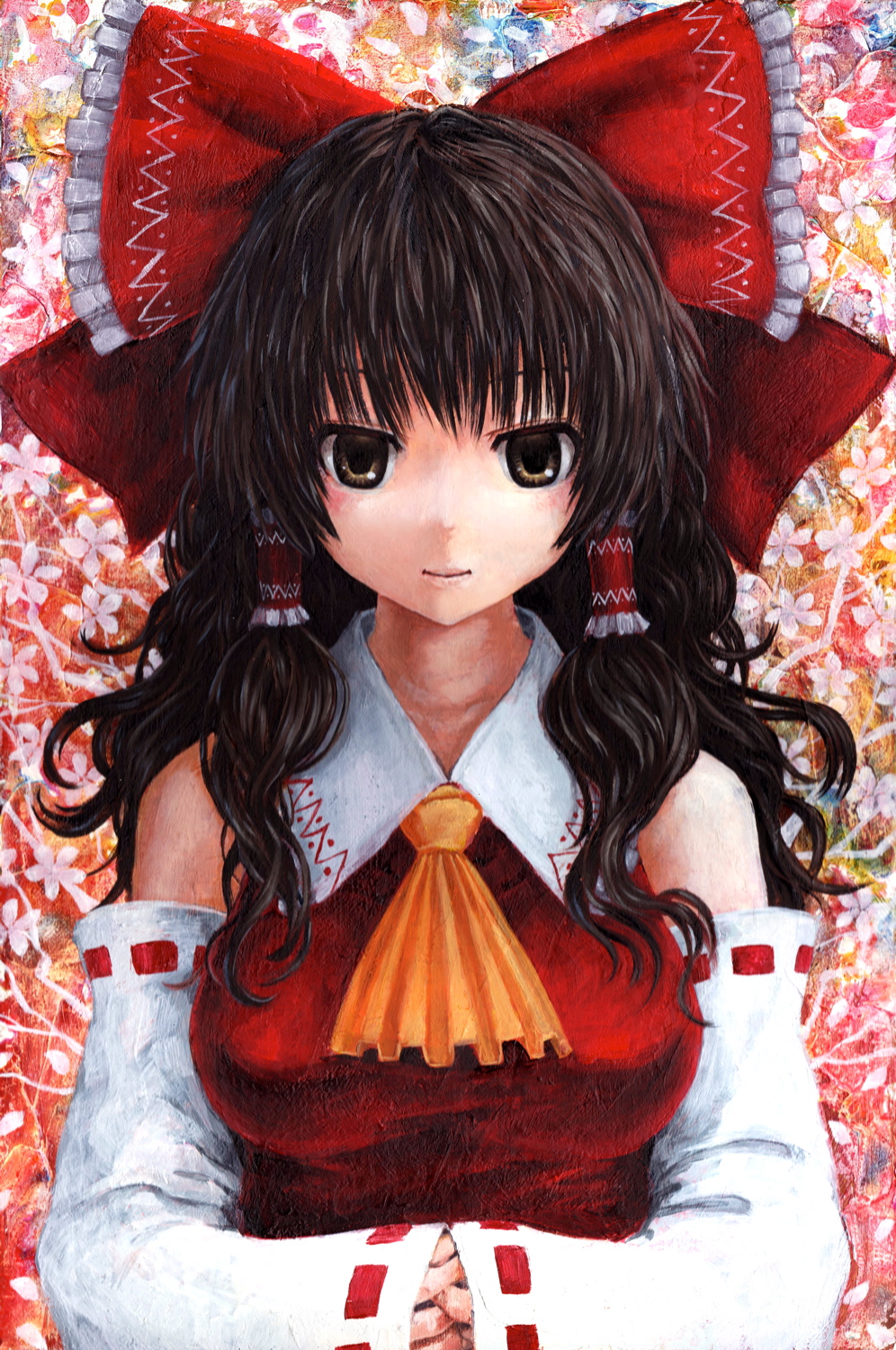 ascot, black_hair, bow, detached_sleeves, hair_bow, hakurei_reimu, highres, kabaji